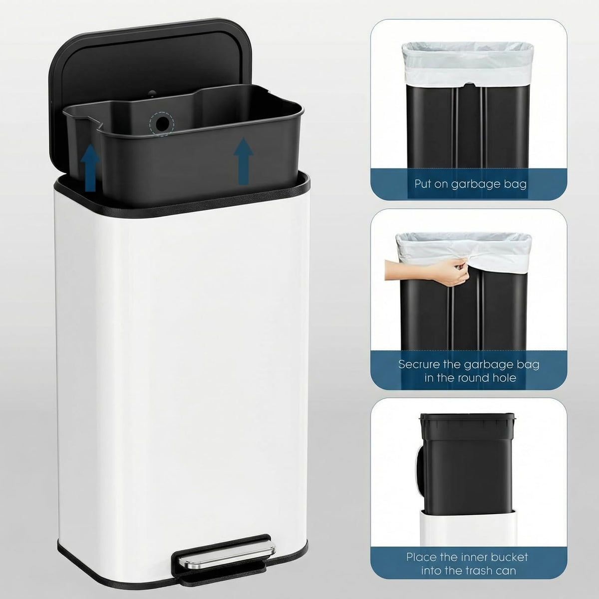 8 Gal/13.2 Gal Stainless Steel Kitchen Trash Can, Step Garbage Can