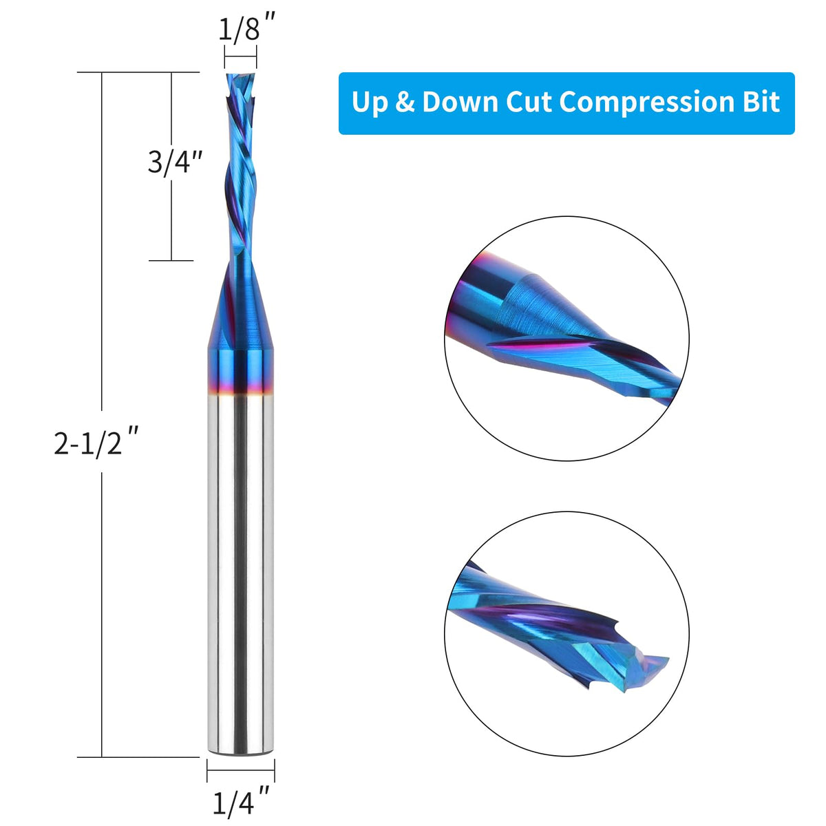 EANOSIC Spiral Router Bits Up Down Compression Bit 1/8 inch Cutting Diameter, 1/4 inch Shank Solid Carbide CNC End Mill with Nano Blue Coating for Wood Carving Engraving Grinding