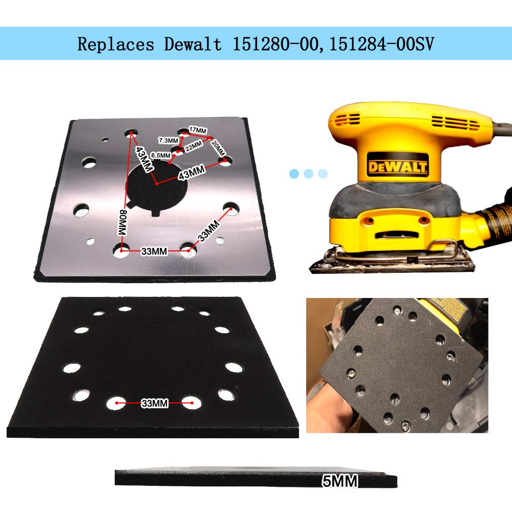 Sander Replacement Pad, 1/4 Sheet, 8 Hole Stick on Square Sanding Pad Replaces Dewalt 151280-00, 151284-00SV, Fits Black & Decker, Dewalt and Porter Cable Sanders