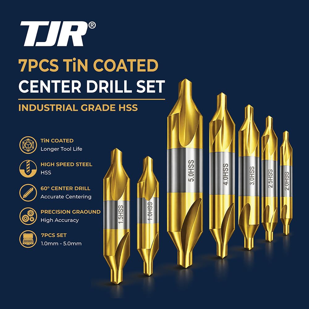 TJR Set of 7pcs TiN Coated Center Drills - 1mm, 1.5mm, 2mm, 2.5mm, 3mm, 4mm, 5mm - High-Speed Steel (HSS) Precision Drilling Tool Kit