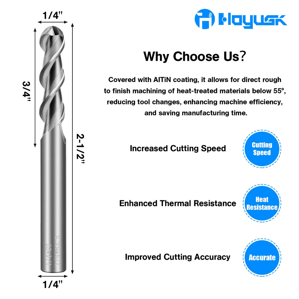 1/4" Carbide Ball Nose End Mills - 2 Flutes End Mill Bits, Tungsten Milling Bit CNC Cutting Tools for Stainless Steel, Forge Steel, Hardened Steel, Copper, Alloys & More