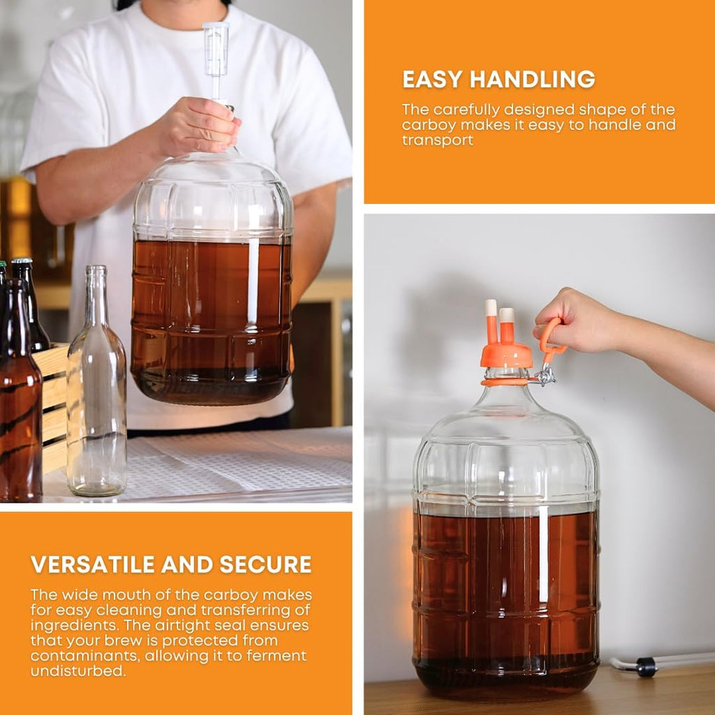 Clear Italian Carboy 5 Gallon for Wine, Beer and Kombucha Fermentation | Reusable 5 Gallon Glass Carboy for home
