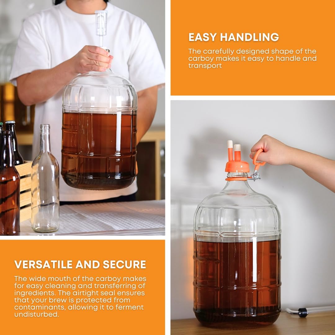 Clear Italian Carboy 5 Gallon for Wine, Beer and Kombucha Fermentation | Reusable 5 Gallon Glass Carboy for home