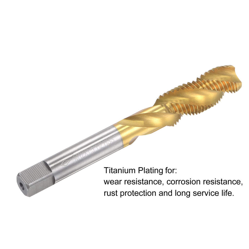 uxcell Spiral Flute Threading Tap M12 x 1.5, Metric HSS (High Speed Steel) Titanium Plated Machine Thread Screw Tap 3 Flutes Tapping Tool H2 Tolerance