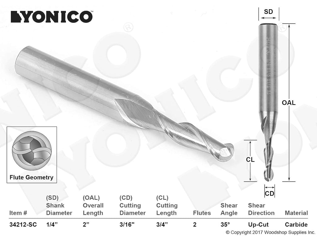 YONICO Carbide Ball Nose End Mill CNC Router Bits 2 Flute Spiral 3/16-Inch Dia. 1/4-Inch Shank 34212-SC