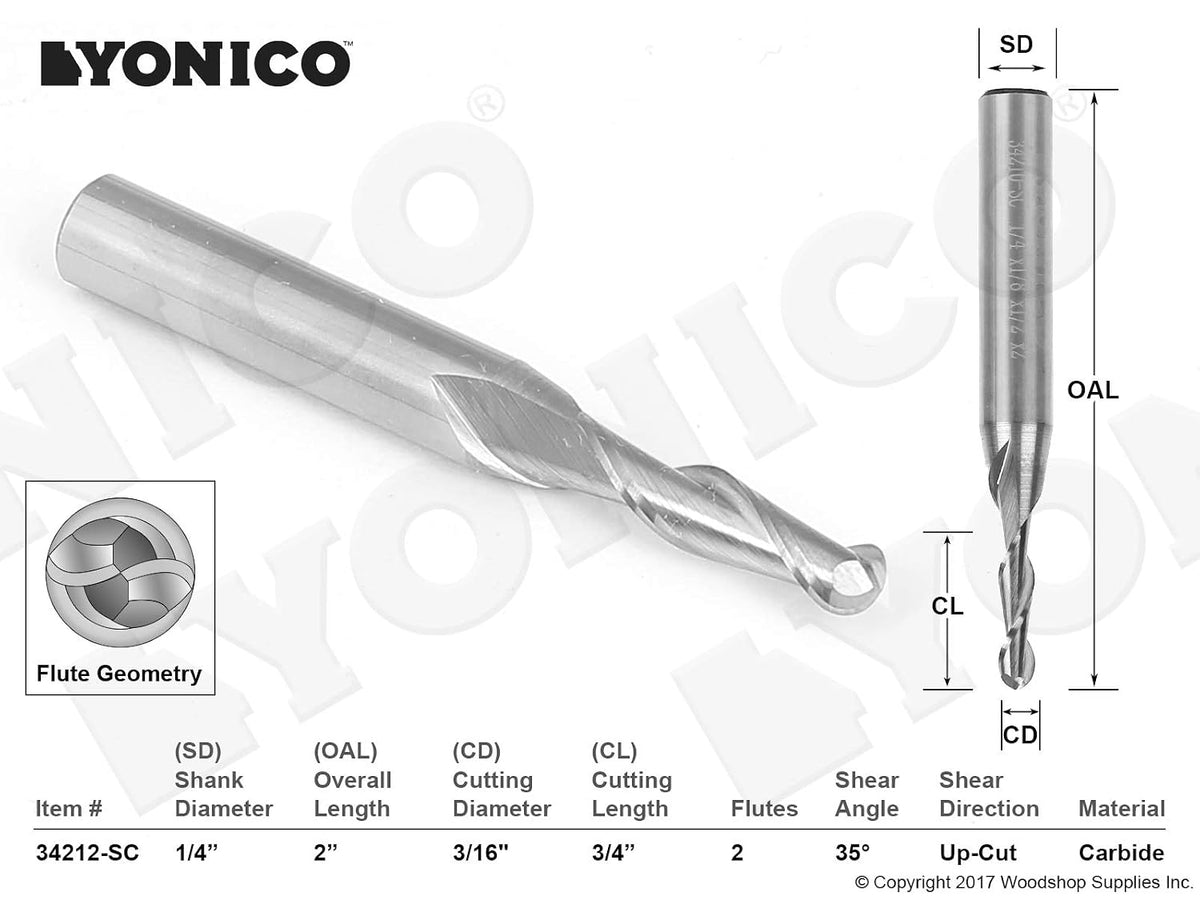 YONICO Carbide Ball Nose End Mill CNC Router Bits 2 Flute Spiral 3/16-Inch Dia. 1/4-Inch Shank 34212-SC