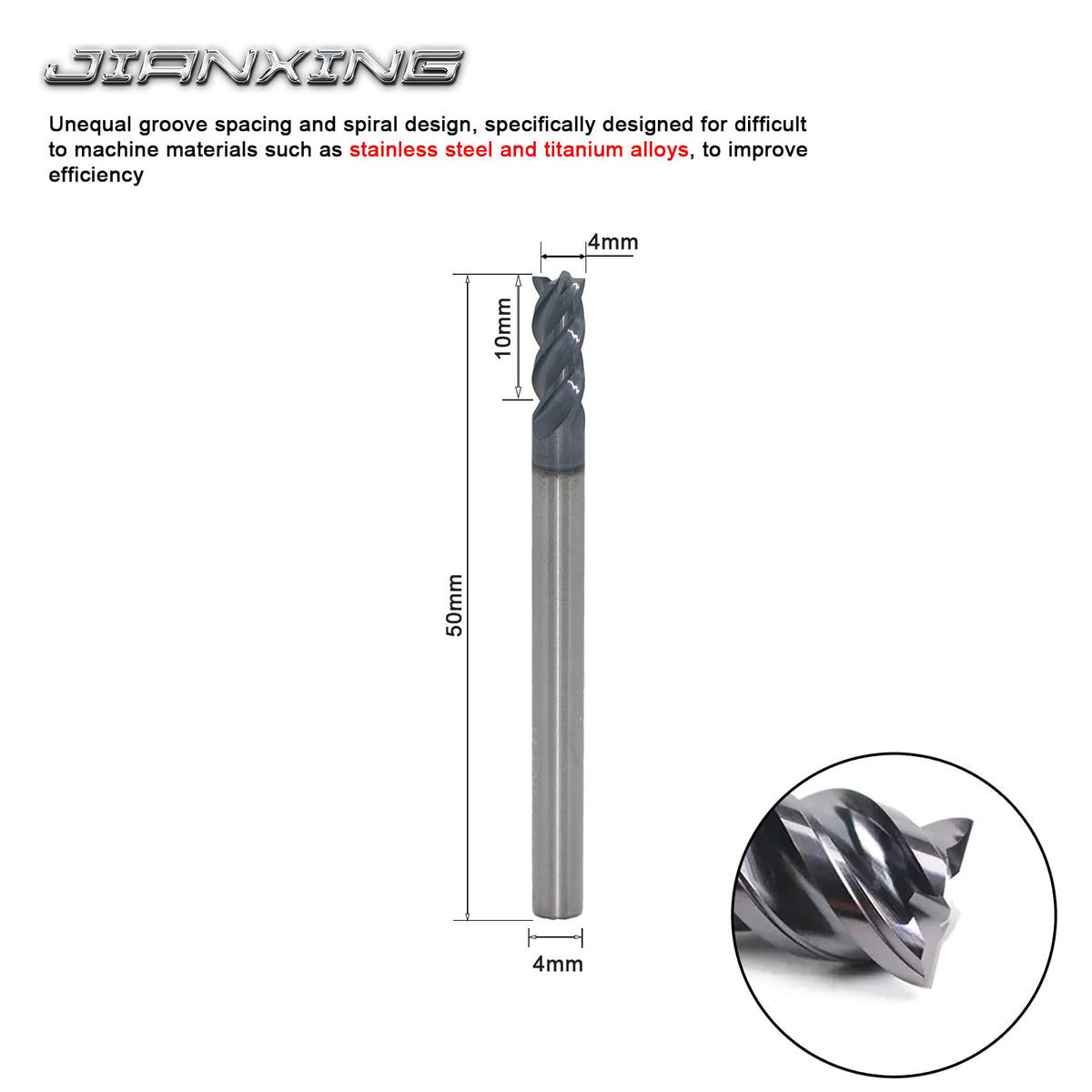 JIANXING 4mm 4-Flute Carbide Square End Mill, 50mm OAL, 3 Pcs