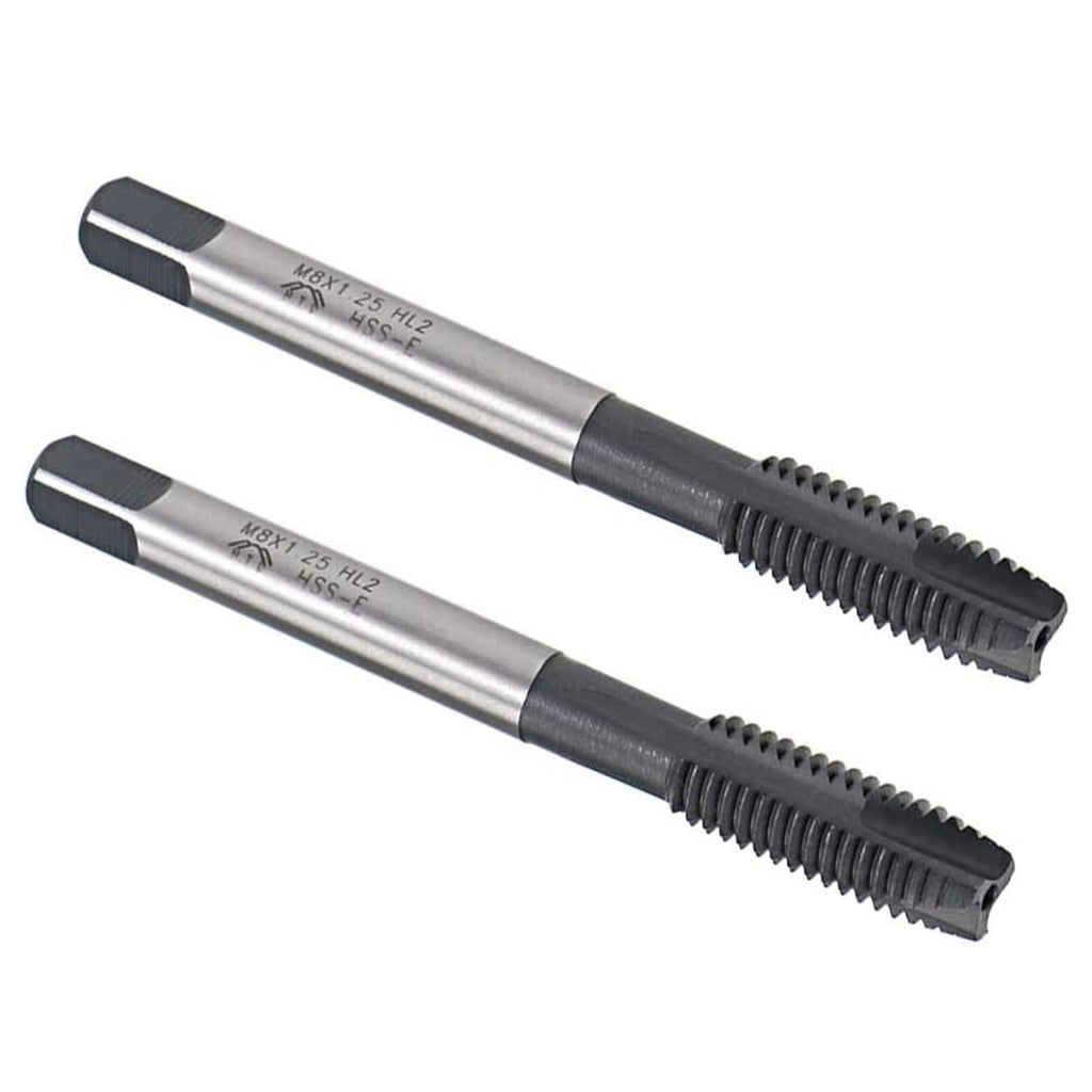 Boxonly 2pcs M8 x 1.25mm Spiral Point Threading Tap, H2 Tolerance, High Speed Steel, TICN Coated, Round Shank, Square End
