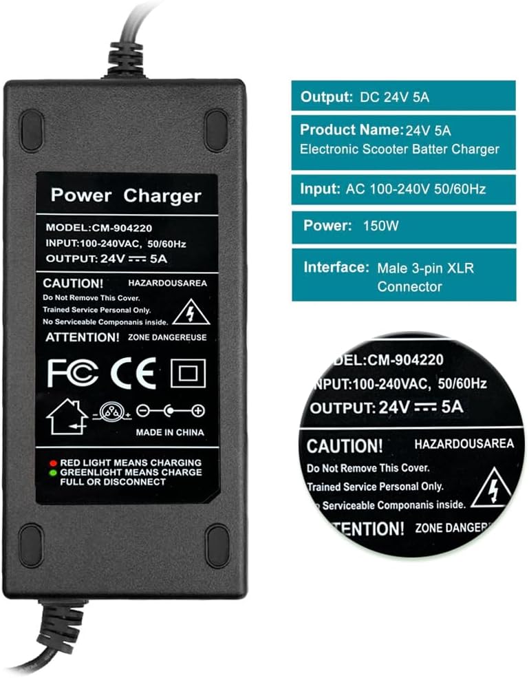 24V 5A 3-Pin Male XLR Charger for Lakematic, Pride Mobility, Jazzy Power Chair, Shoprider, Drive Medical, Golden Technologies, Rascal 200T/500T/301 PC 24BC5000TF-1, Only for Lead Acid