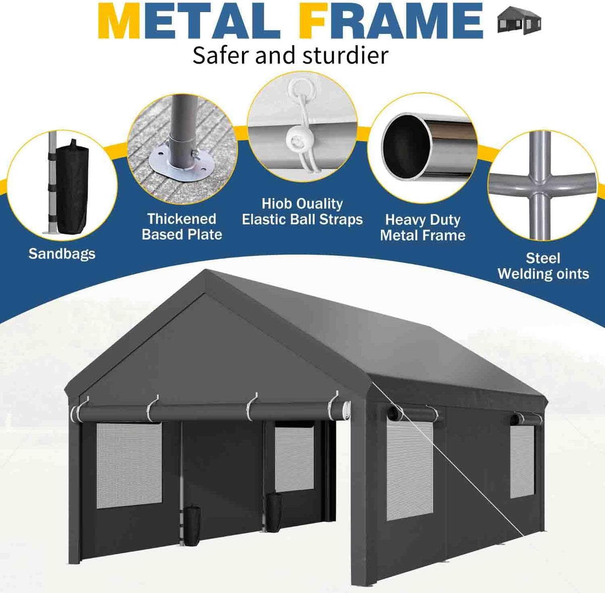 12x20 ft Carport, Heavy Duty Carport with Roll-up Windows, Portable Garage with Removable Sidewalls & Doors, Car