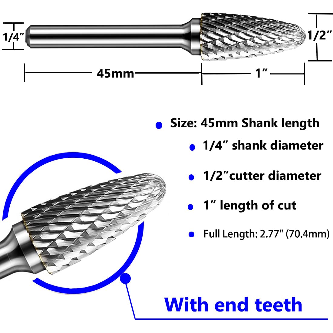 KOTVTM SF-5 Tungsten Carbide Burr Set Double Cut Rotary Burrs File(1/2” Cutter Dia X 1”Cutter Length) with 1/4'' (6.35mm) Shank for Die Grinder Drill Bits (Pack of 5)…