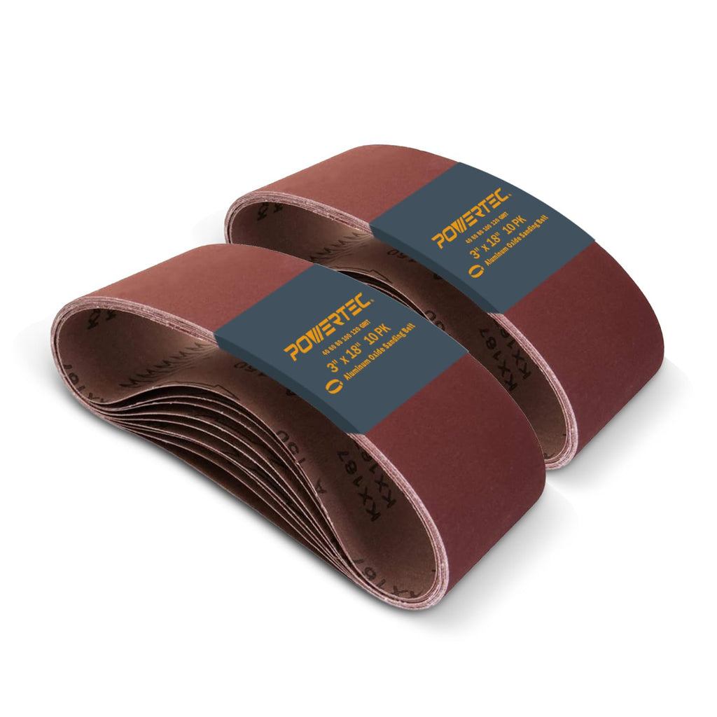 POWERTEC 3 x 18 Inch Sanding Belts 20PK, 4 Each of 40/60/80/100/120 Grits, Aluminum Oxide Belt Sander Sanding Belt Assortment for Portable Belt Sander, Wood & Paint Sanding, Metal Polishing(110801-P2)