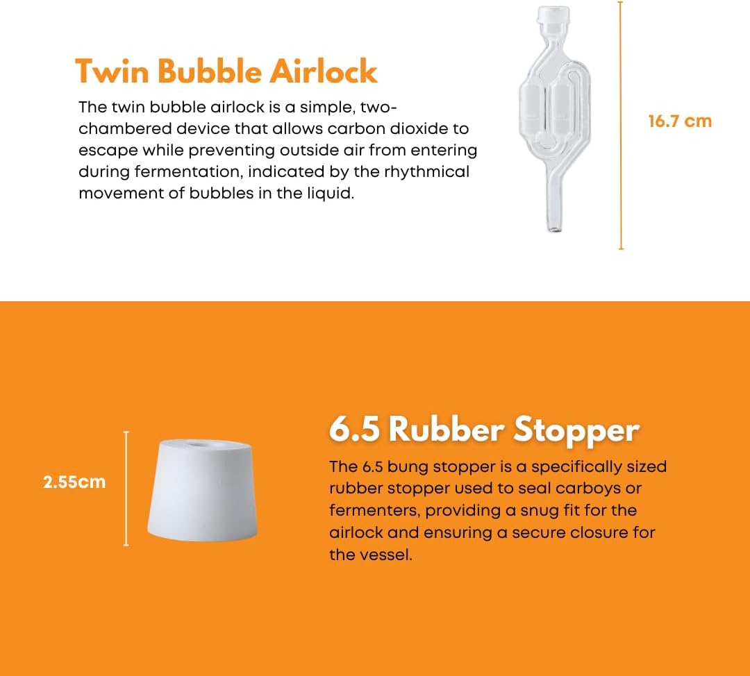 1 Gallon Glass Jug with Airlock, #6.5 Rubber Bung and Twin Bubble Design | Clear Fermentation Jug for beer, wine