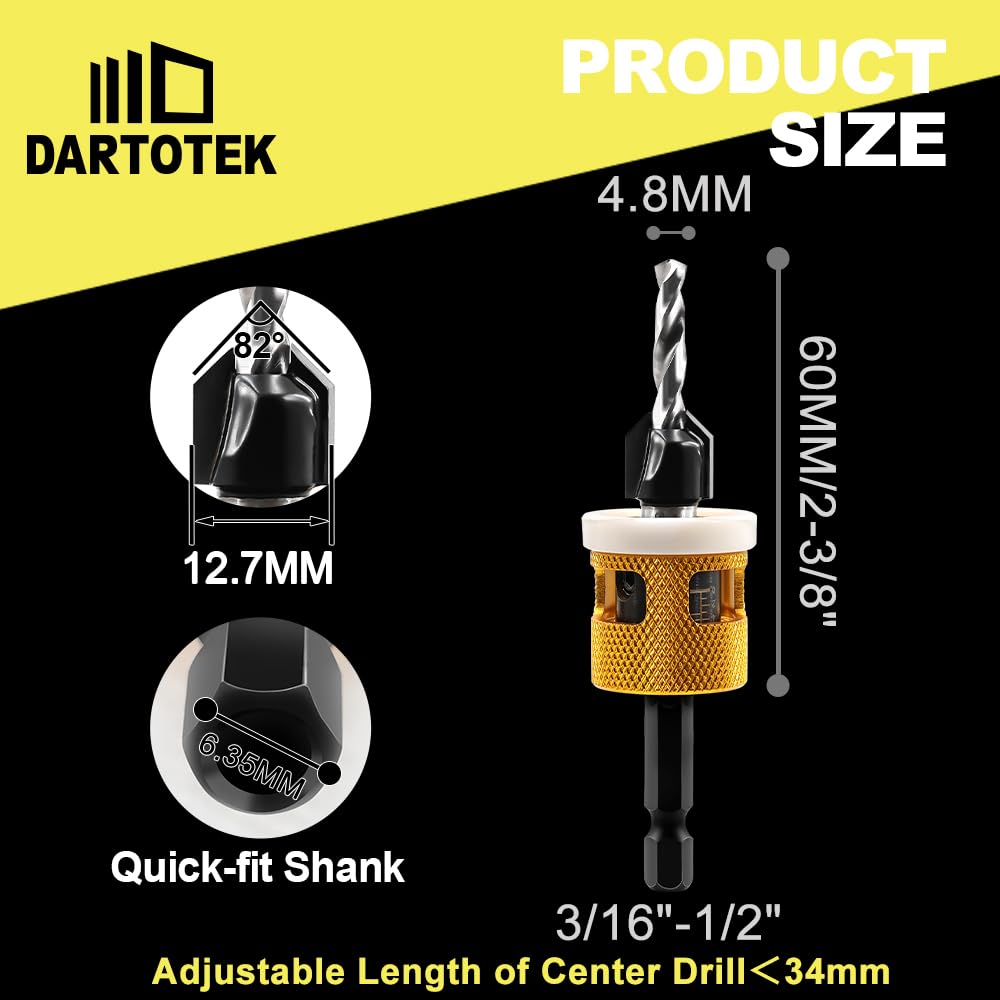 DARTOTEK Countersink Drill Bit Set，with Low Friction Depth Stop, 3/16"-3/8" HSS M2 Counter Sink Drill Bit for US Wood Screw Adjustable Depth Countersink Drill Bit