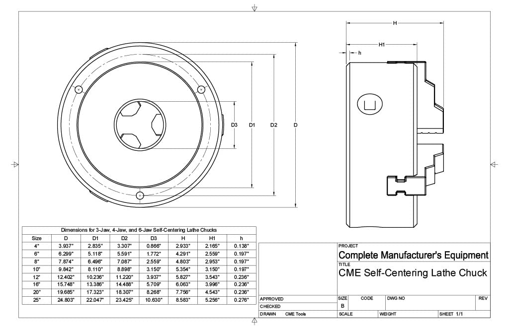 CME 8" 3-Jaw Self-Centering (Scroll) Lathe Chuck, Plain Back
