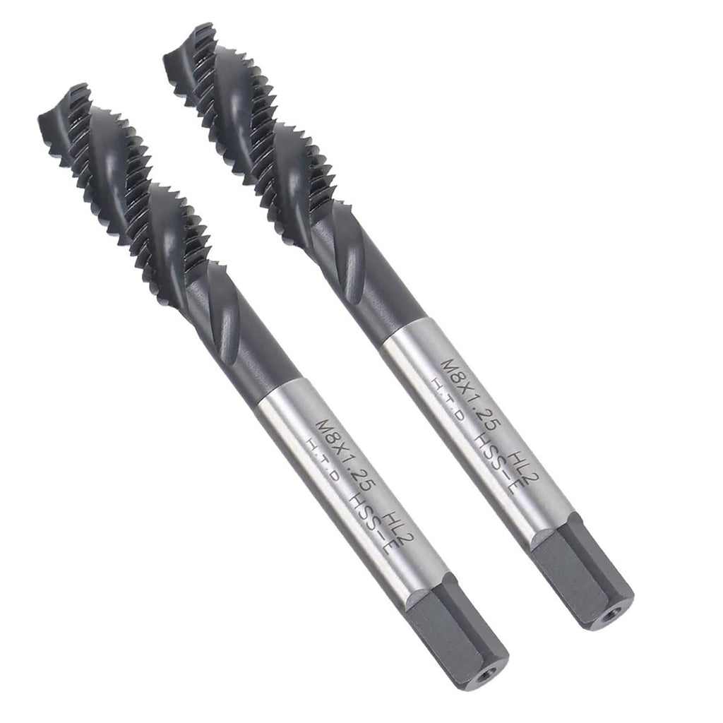 Boxonly Spiral Flute Thread Tap for Drilling and Tapping Aluminum Die Steel Stainless Steel Bronze and Hard Plastics Metric Machine Threading Tap High Speed Steel H2 Tolerance M8 x 1.25mm 2pcs