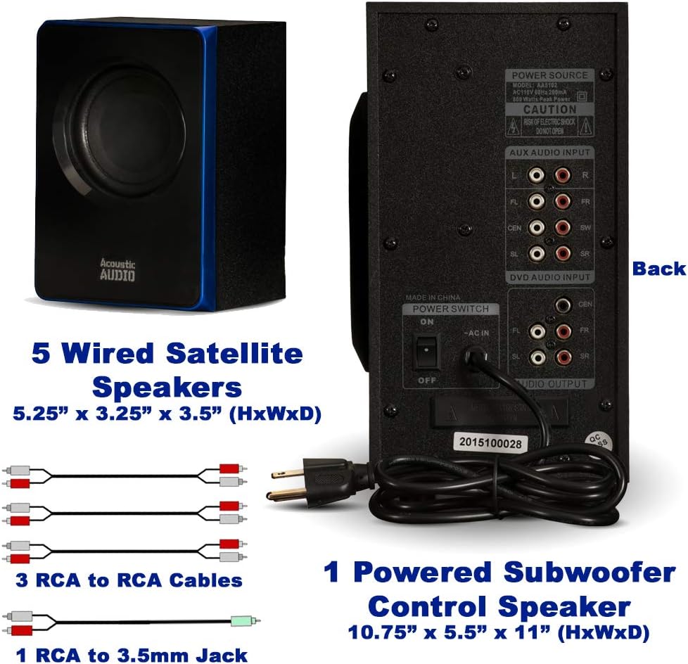 Acoustic Audio AA5102 Bluetooth Powered 5.1 Speaker System Home Theater Surround, Black (AA5102)