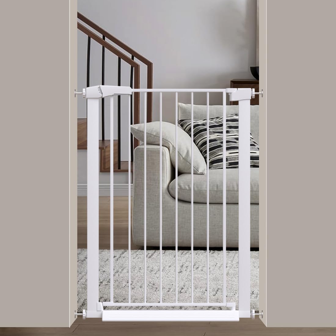 38" 29.5" Extra-Tall & Extra-Wide Adjustable Hardware/Pressure-Mounted Pet & Child Safety Gate with Auto-Close Walk-Through Door for Stairs, Hallways & Wide Doorways