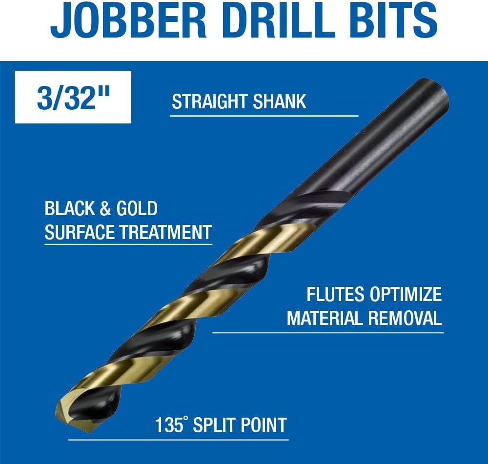 Champion Cutting Tool Heavy Duty BlackGold Jobber Drill Bits, 135 Degree Split Point: XGO-3/32 (12 pieces per pack)-MADE IN USA