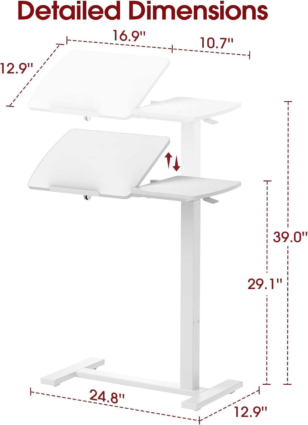 Overbed Bedside Table with Wheels, Right-Side Tilt Top, 29.1"–39" H