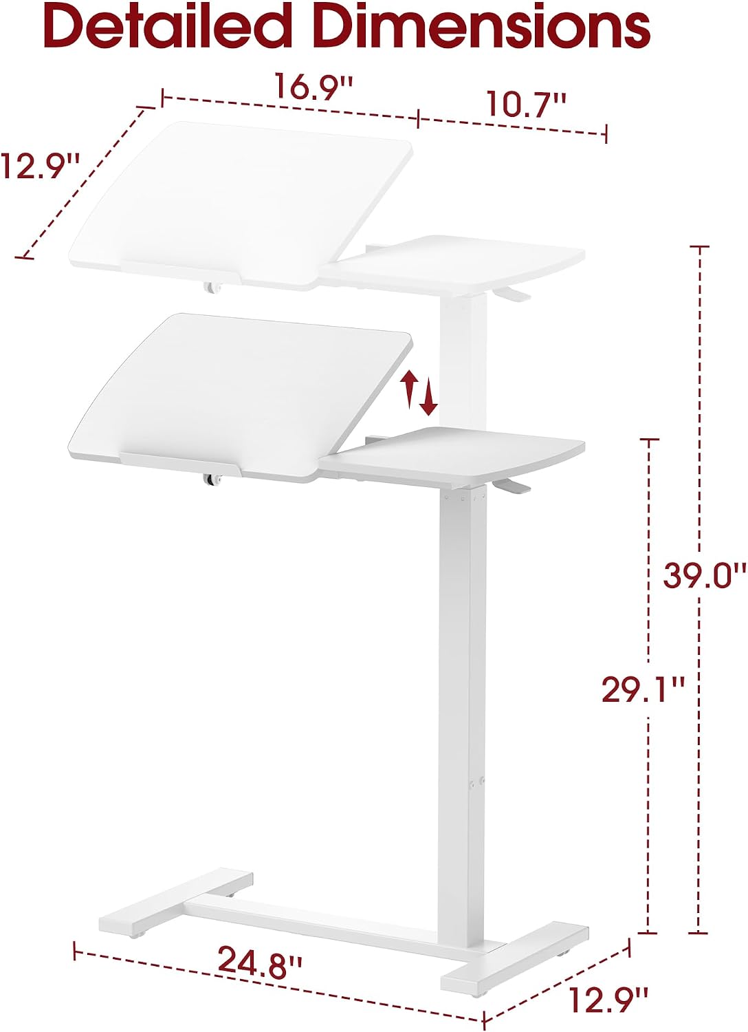 Overbed Bedside Table with Wheels, Right-Side Tilt Top, 29.1"–39" H