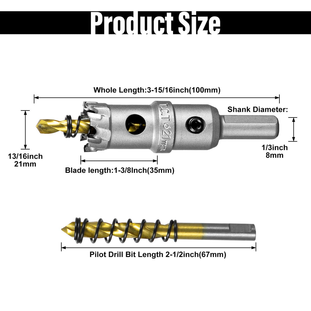 SALI 13/16" (21mm) TCT Hole Saw Kit Tungsten Carbide Tipped Hole Saw Drill Bit with Titanium-Plated Pilot Drill bit for Metal, Stainless Steel, Iron, Wood, Plastic