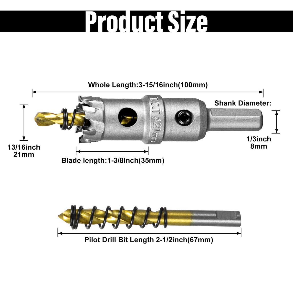 SALI 13/16" (21mm) TCT Hole Saw Kit Tungsten Carbide Tipped Hole Saw Drill Bit with Titanium-Plated Pilot Drill bit for Metal, Stainless Steel, Iron, Wood, Plastic