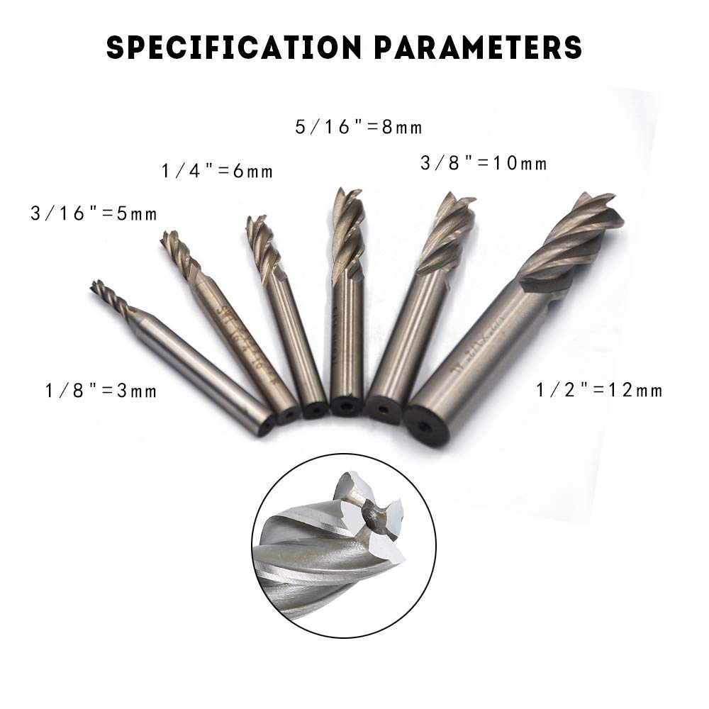 Oudtinx 1/8" 3/16" 1/4" 5/16" 3/8" 1/2" 4 Flute Straight End Mill Cutter