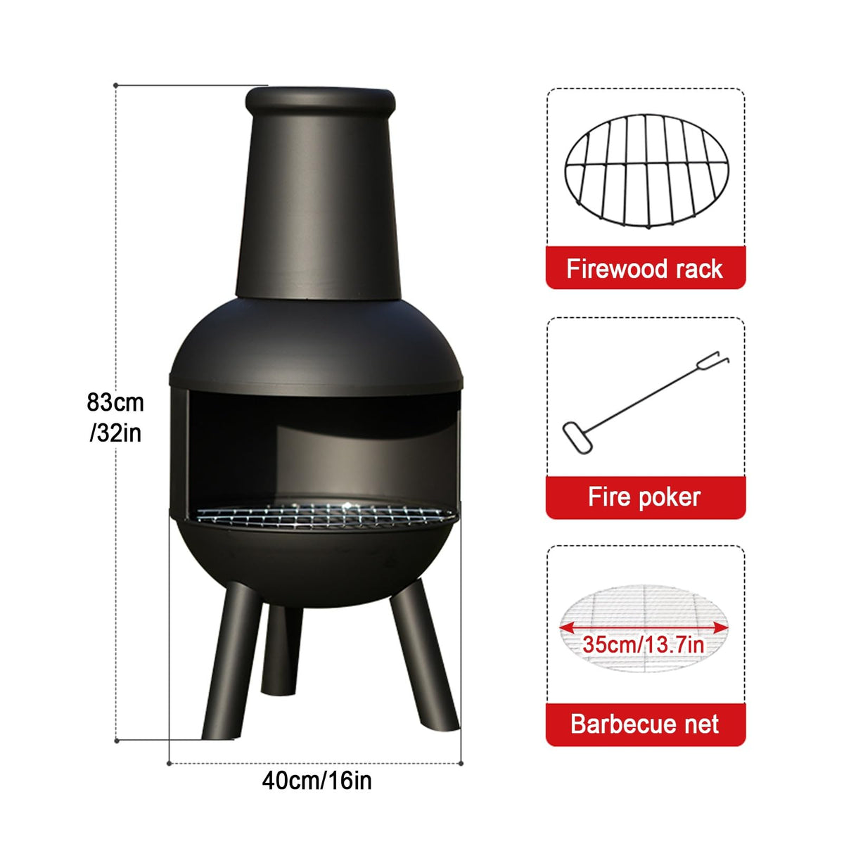 Chiminea, Outdoor Wood Burning Firepit, Fireplace for BBQ & Warming, with Grill Mesh, Chimney & Firewood Rack