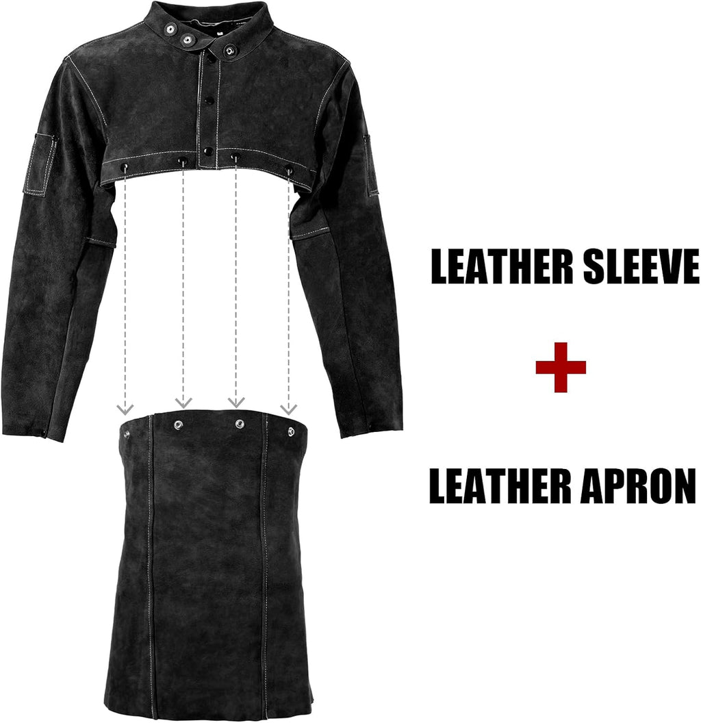 Leather Welding Jacket - Heat Flame Resistant Cape Sleeve Bib Apron | Heavy duty split cowhide weld coat, open back