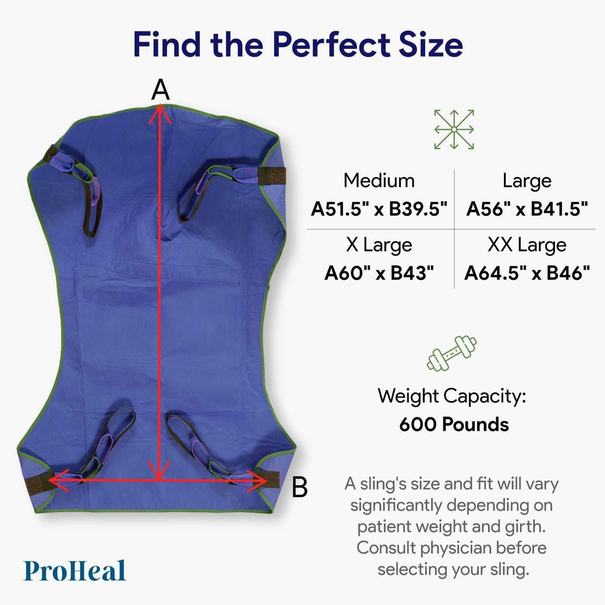 ProHeal Universal Full Body Lift Sling, Large, 56" x 41.5" - Solid Fabric Polyester Slings for Patient Lifts - Compatible with Hoyer, Invacare, McKesson, Drive, Lumex, Joerns and More
