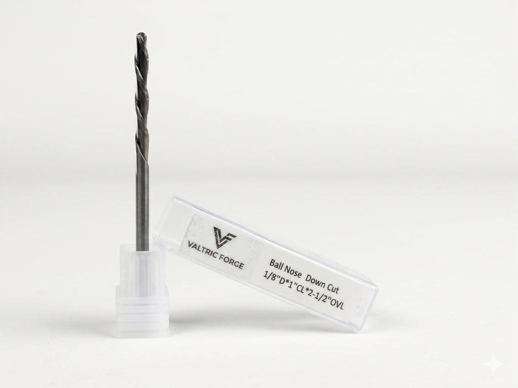 Valtric Forge 1/8" Down Cut Ball Nose CNC Router Bit, 1/8" Shank, 1" Cutting Length, 2.5" OVL, Solid Tungsten Carbide End Mill for 3D Carving Woodworking