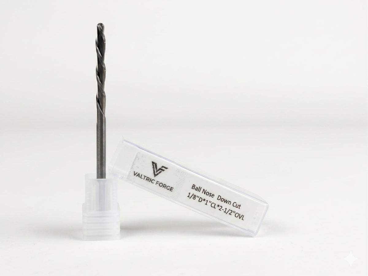 Valtric Forge 1/8" Down Cut Ball Nose CNC Router Bit, 1/8" Shank, 1" Cutting Length, 2.5" OVL, Solid Tungsten Carbide End Mill for 3D Carving Woodworking