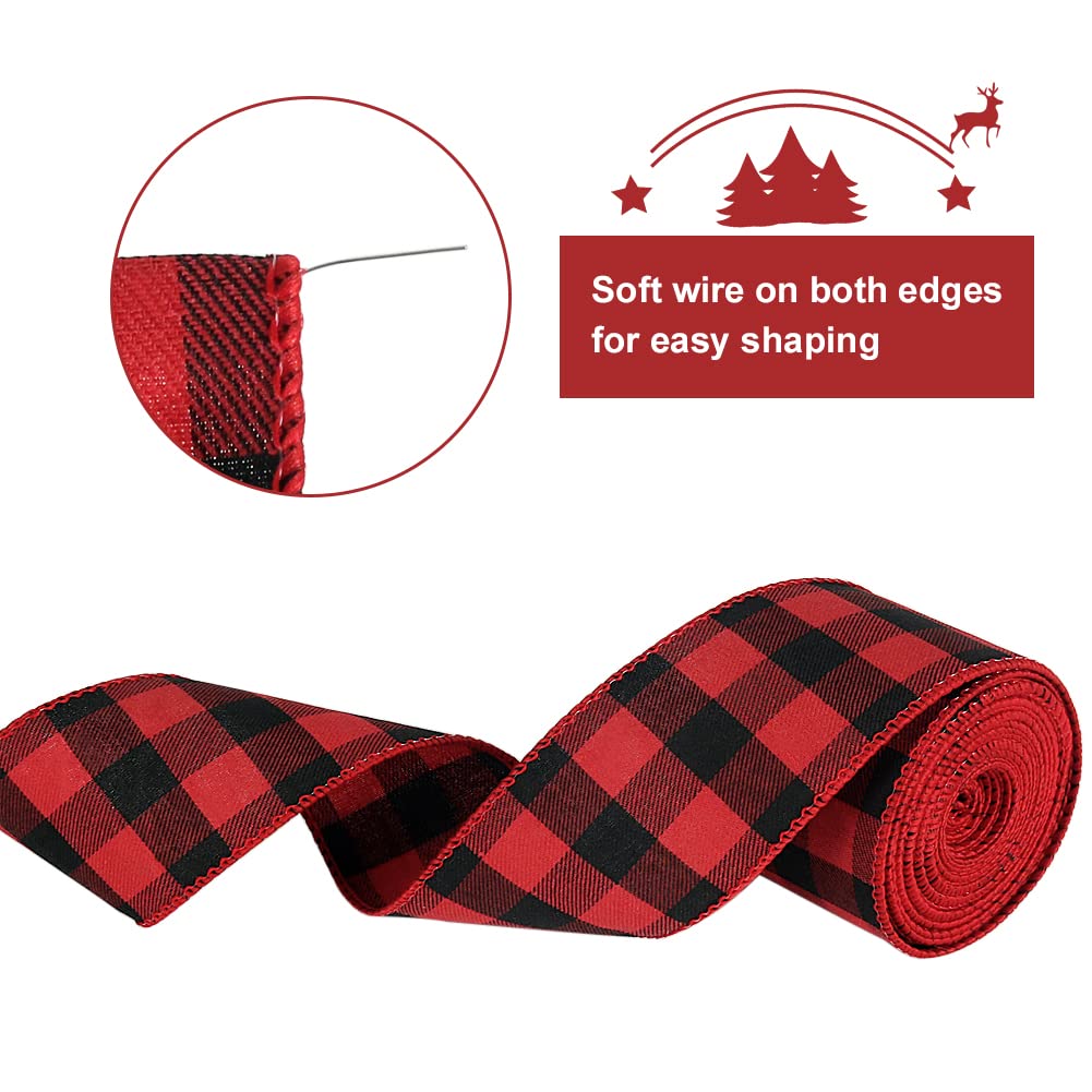 2 Roll 2.5" Buffalo Plaid Ribbon Red Wired Total 19.6 Yards