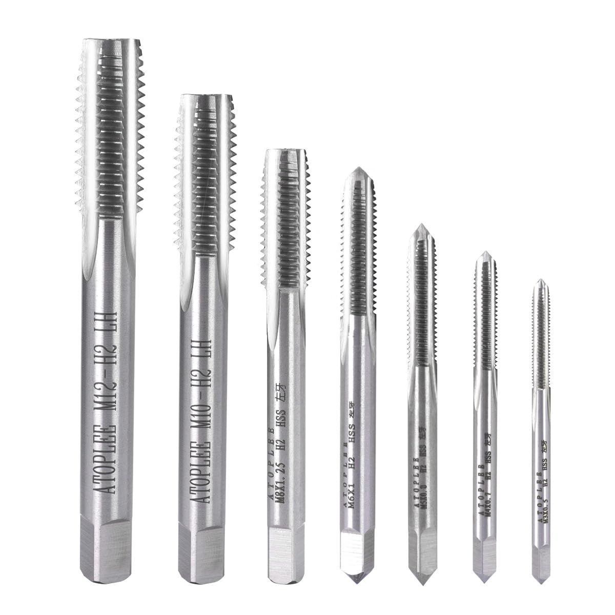 ATOPLEE 7pcs Metric M2 HSS 6542 Left Hand Thread Tap Set, M3 M4 M5 M6 M8 M10 M12