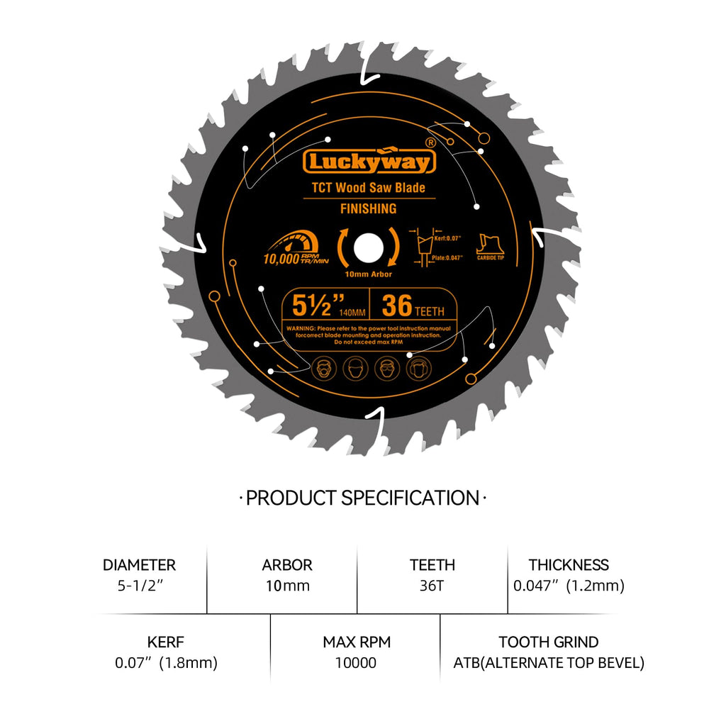 Luckyway 5 1/2 Inch Circular Saw Blade 36T Fine Finish, 10mm Arbor, 2-Pack