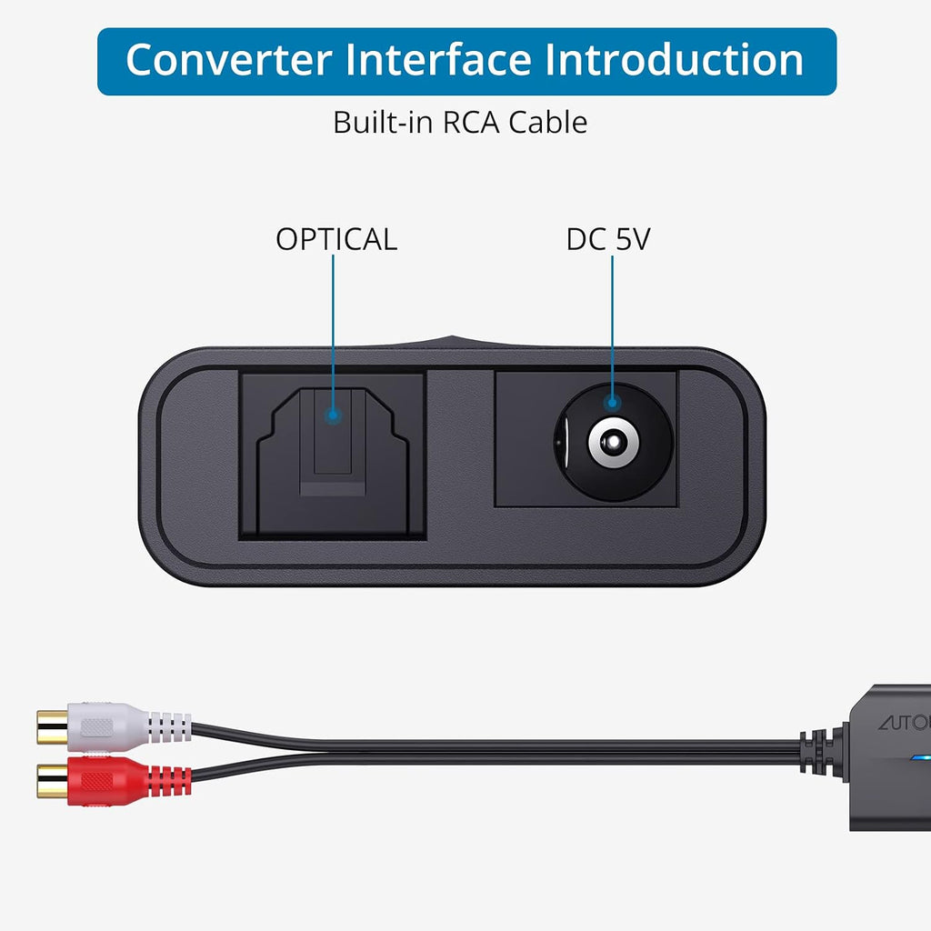 192kHz Optical to RCA Converter DAC Digital to Analog Audio Converter Spdif/Optical/Toslink to RCA Audio Adapter with