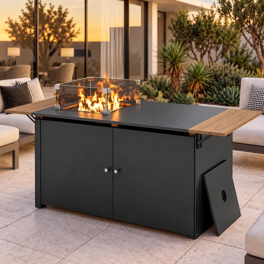 64" Gas Fire Pit Table for Outside Patio, 55,000 BTU Propane Firepit with Expandable Tabletop & Wind Guard-Dark Black