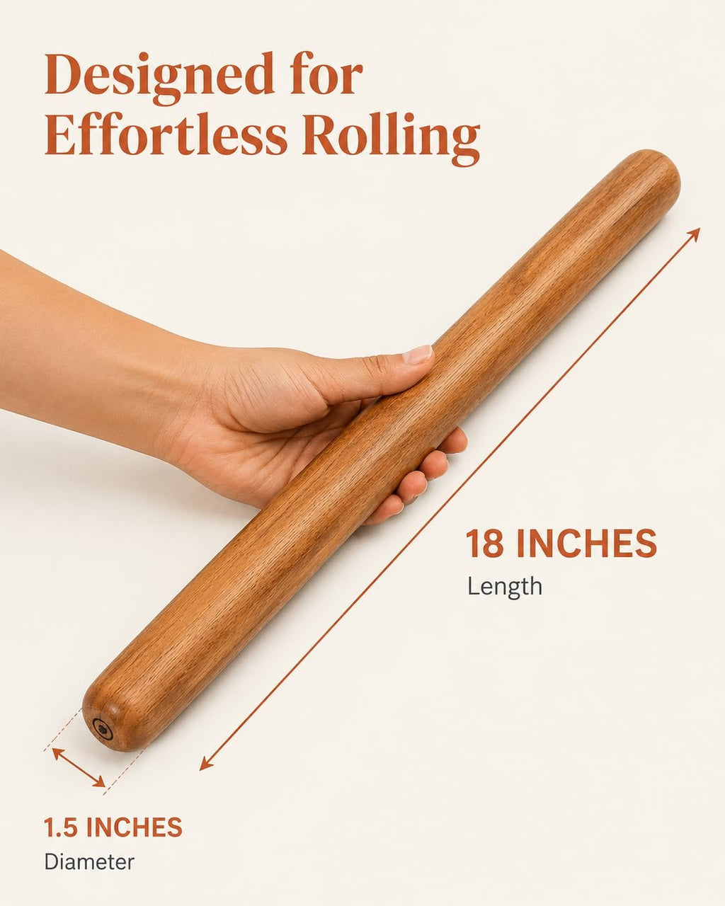 French-Style Rolling Pin, Premium Hardwood with Natural Wood Grain, 18 Inch Tapered Design for Pastry and Pizza