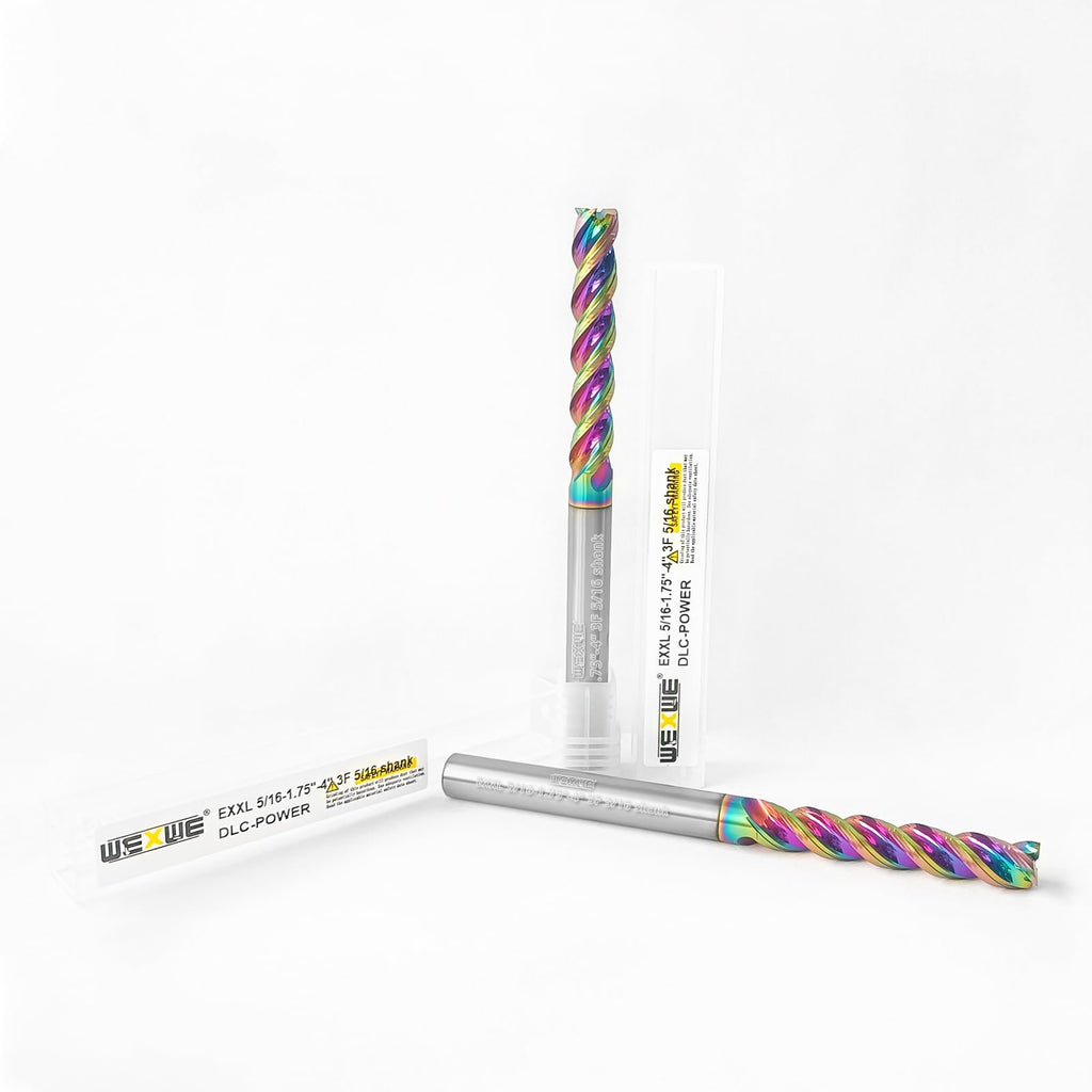 WEXWE Tools 5/16” Extra Long Carbide Square End Mill for Aluminum, Copper Alloy, Plastic, 4" Overall Length End Mill Bits, 3 Flute HRC 62 Deg DLC Coating, CNC Router Bits 5/16 Shank (5/16-4" 2PCS)