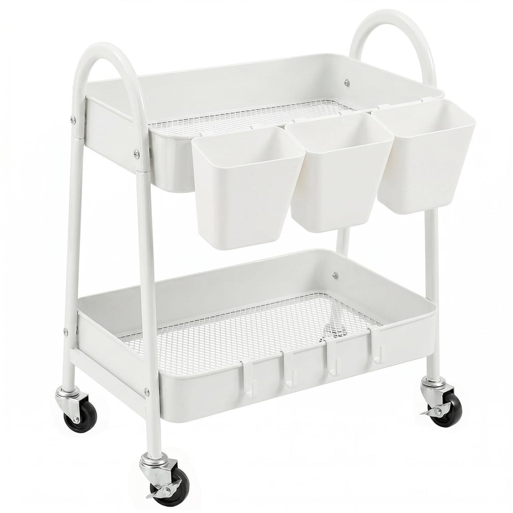 2-Tier Rolling Cart, White Utility Cart with Lockable Wheels