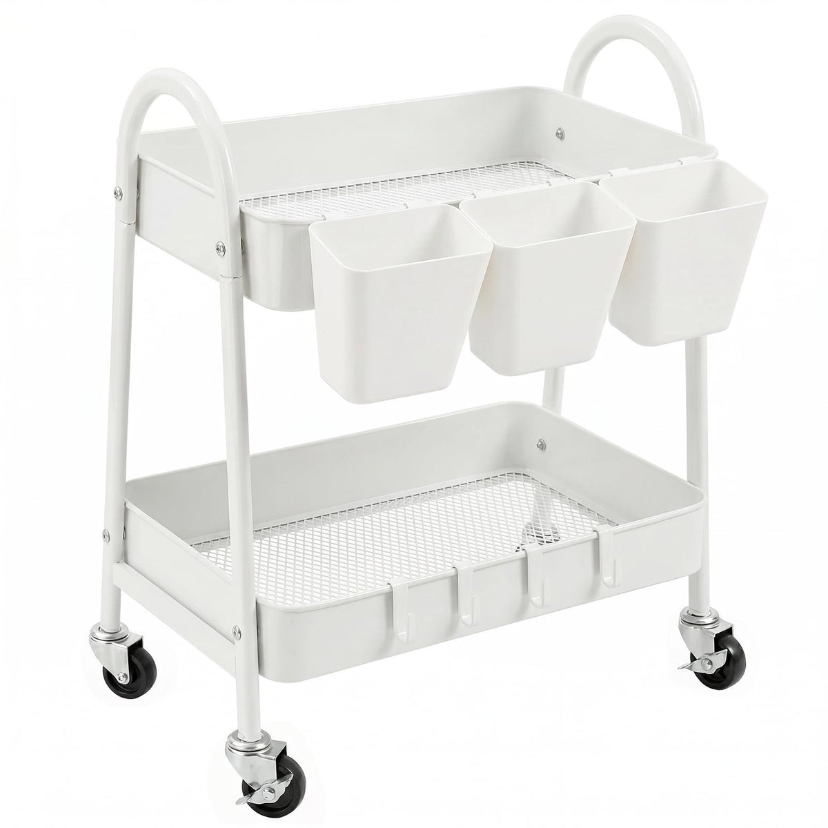 2-Tier Rolling Cart, White Utility Cart with Lockable Wheels