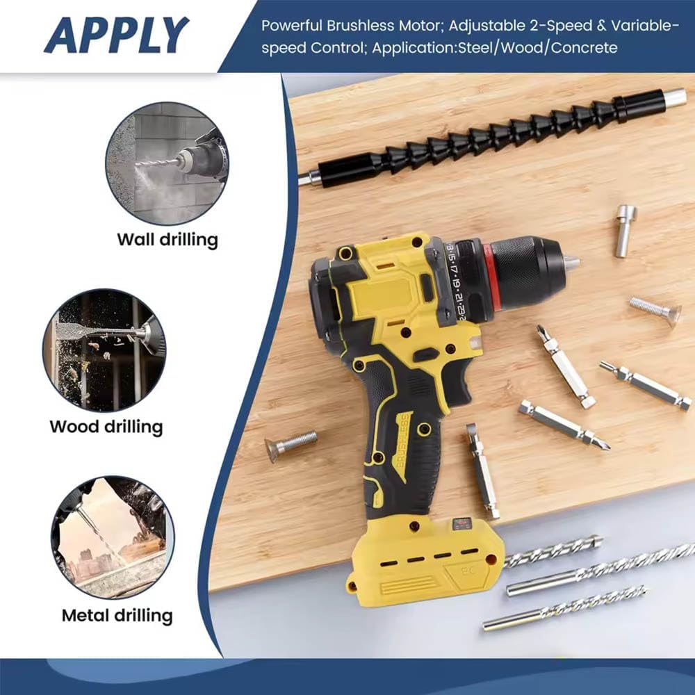 Brushless Drill Driver Compatible for Dewalt 20V Battery (No Battery), Cordless 2 Speed (0-450/1800RPM), 25+1 Torque, 3/8" Keyless Chuck for Home Repair