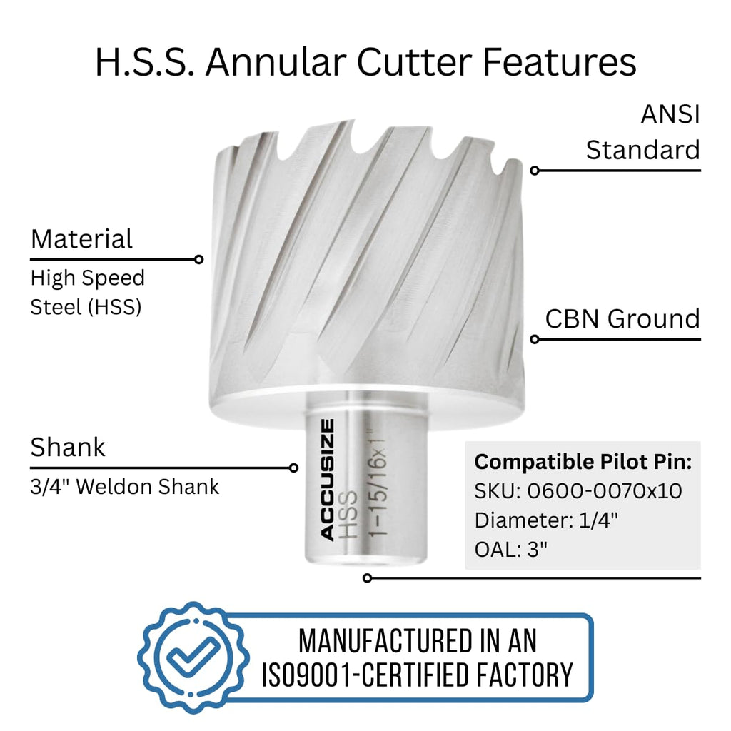 Accusize HSS Annular Cutter 1-15/16 x 1 in Cutting Depth, 3/4" Weldon Shank