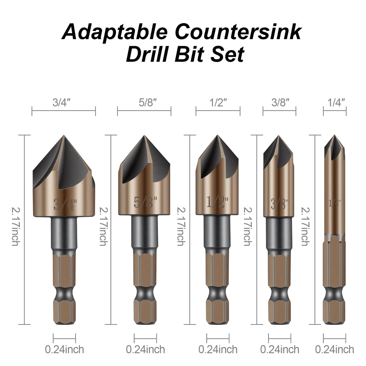 5PCS HSS Countersink Drill Bits for Metal, Counter Sink Drill Bit for Wood