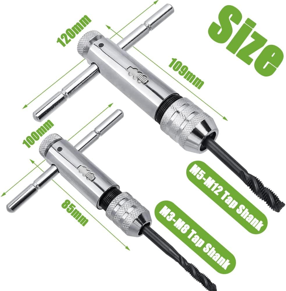 Bestgle 2Pcs Ratchet T Handle Tap Wrench, Adjustable T Bar Handle Holder Ratcheting Wrench for Metric M3-M8 / M5-M12 Thread Screw Taps