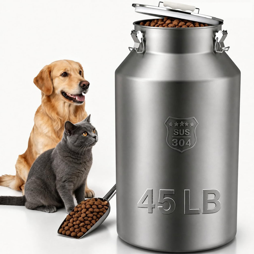 Stainless Steel Dog Food Storage Container 45 lb with Scoop & Lid