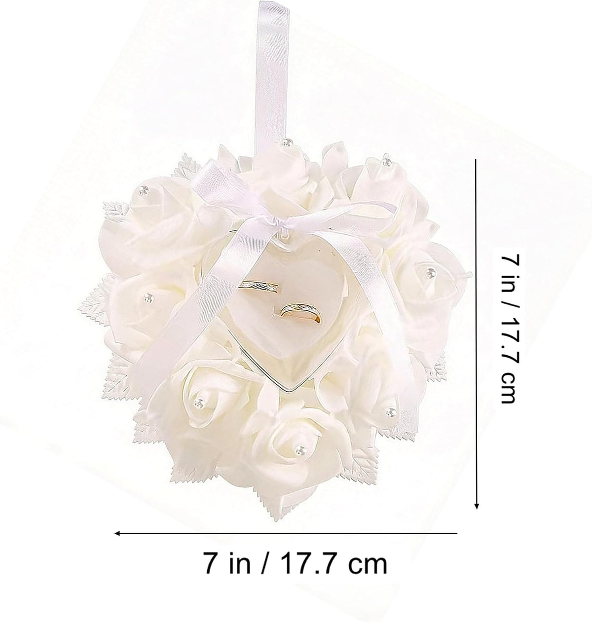 Wedding Ring Pillow White Rose Ring Bearer Pillow with Heart Ring Holder, Satin Ribbon & Pearl Foam Flowers for