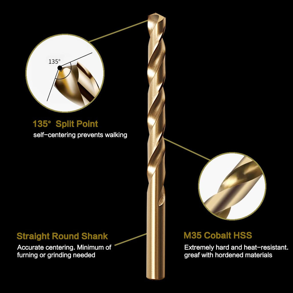 Axelord 5/16" Cobalt Drill Bit Set (10Pcs), M35 HSS, 135 Degree Tip, Twist Jobber Length for Hardened Metal, Stainless Steel, Cast Iron, Wood, and Plastics, with Index Storage Case