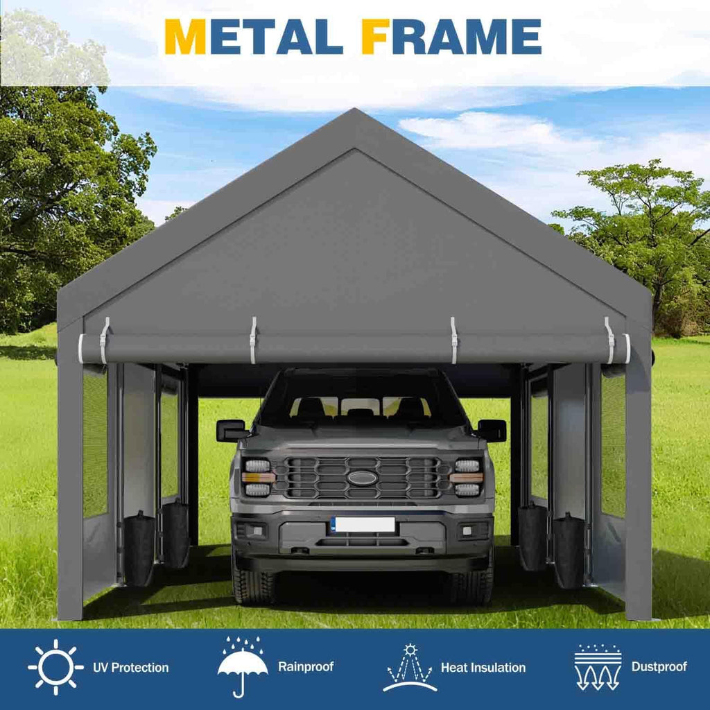 12x20 ft Carport, Heavy Duty Carport with Roll-up Windows, Portable Garage with Removable Sidewalls & Doors, Car